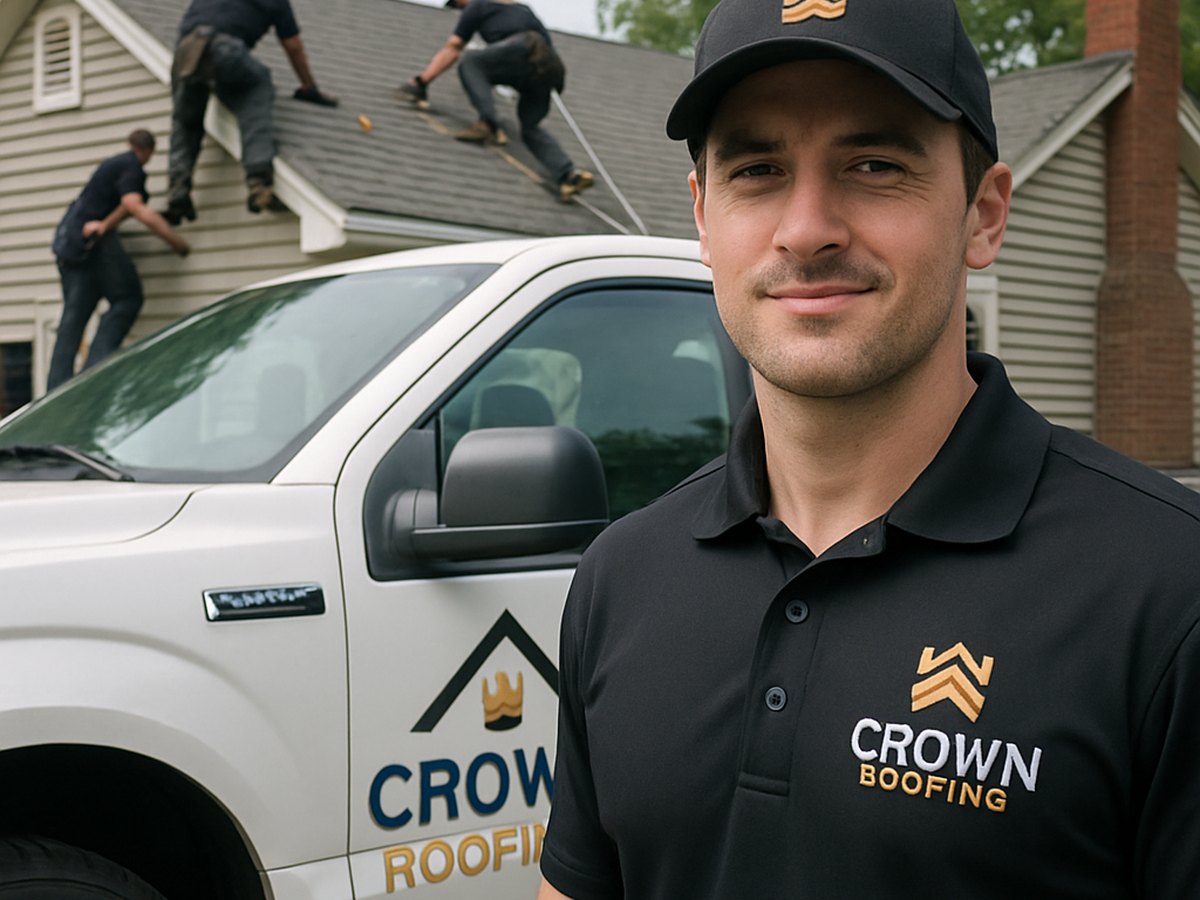 Crown Roofing & Exteriors crew working on roof with branded uniforms and truck