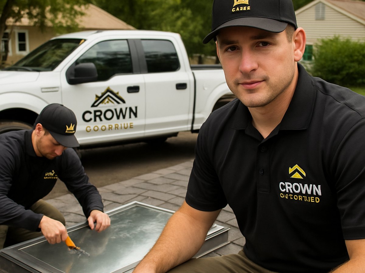 Crown Roofing & Exteriors crew repairing skylight curb leak with branded uniforms and truck