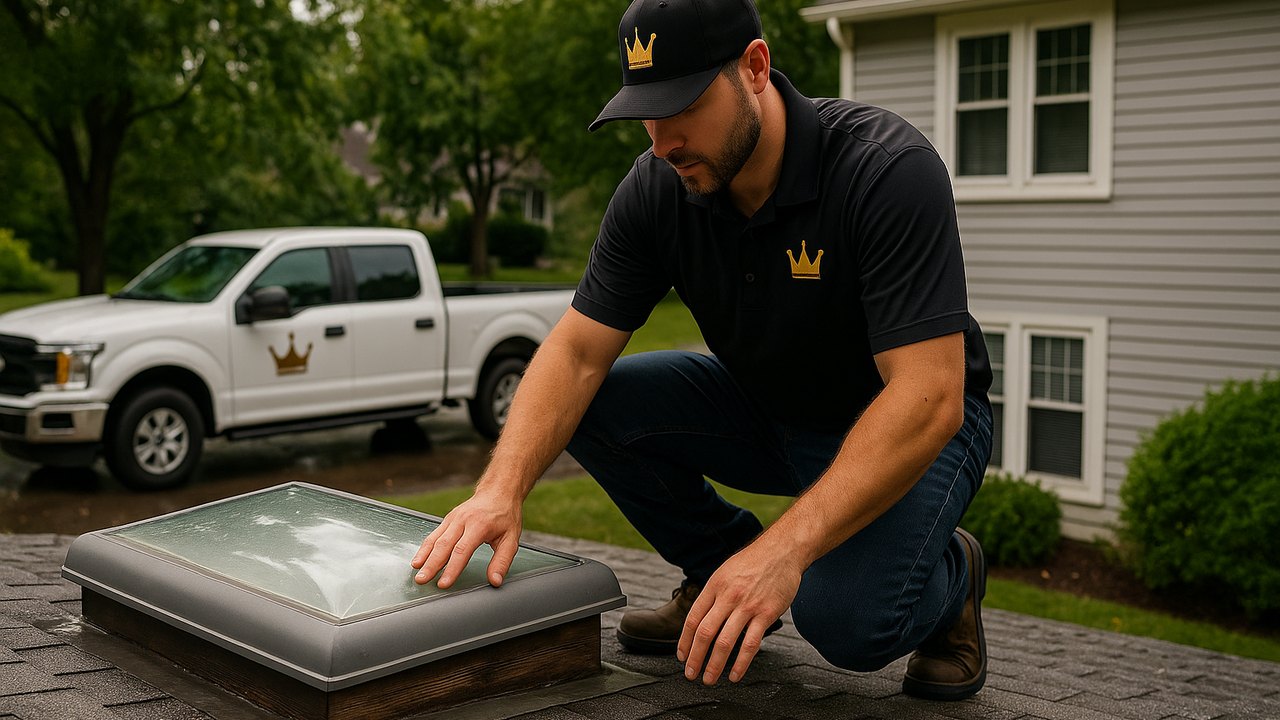 Crown Roofing & Exteriors technician inspects skylight curb on Connecticut home