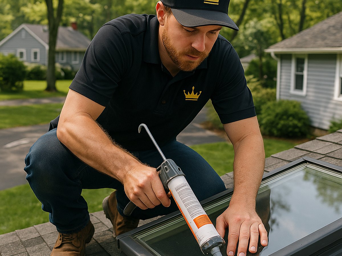 Crown Roofing & Exteriors crew reseals skylight flashing on Connecticut roof