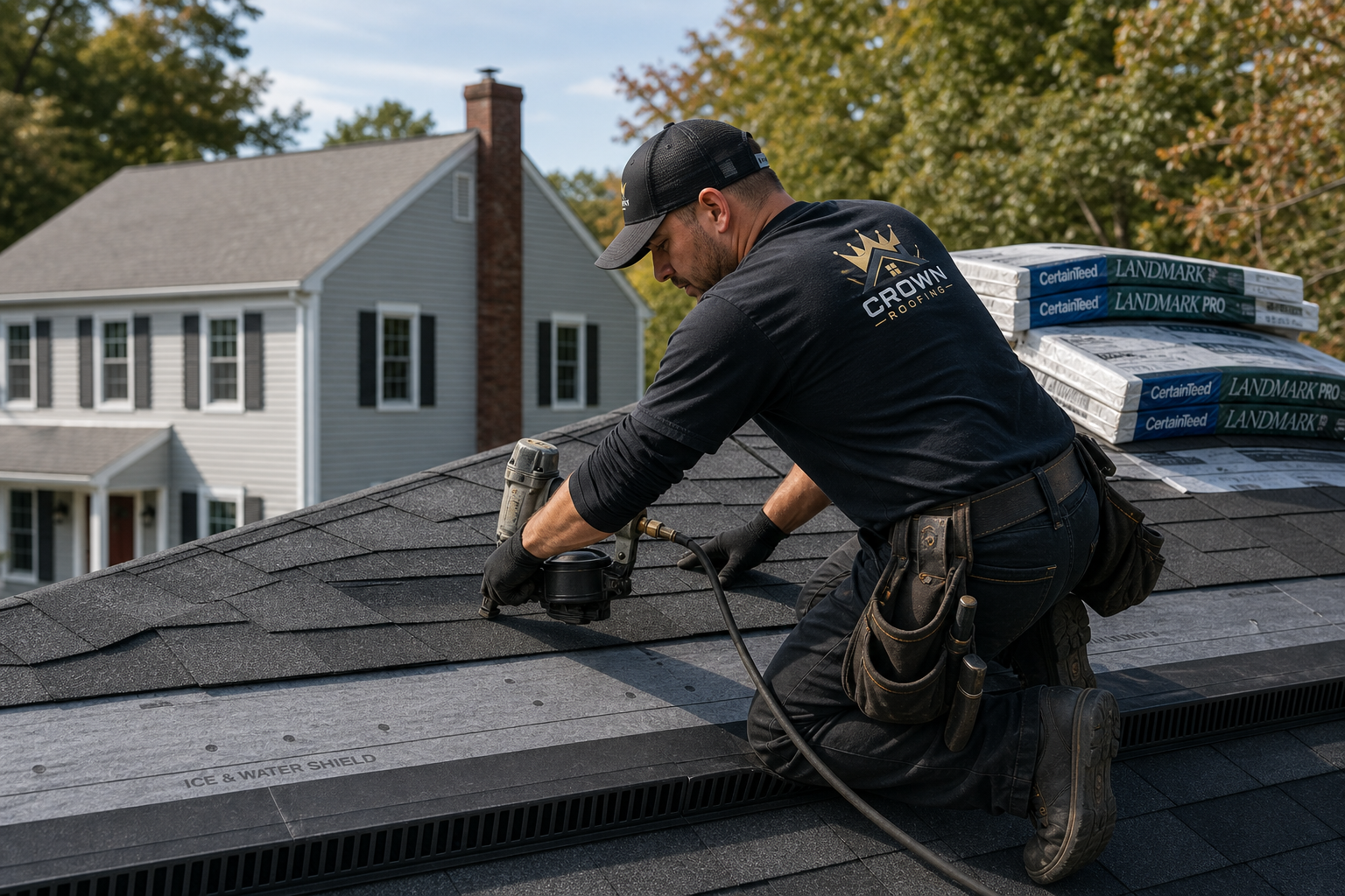 Crown Roofing crew member showing roofing material samples on a Connecticut job site
