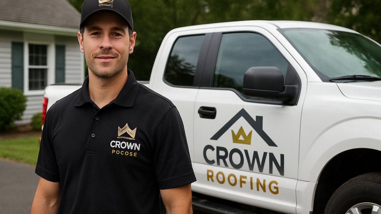 Crown Roofing & Exteriors technician in black uniform with house-and-crown logo and branded truck on Connecticut job site