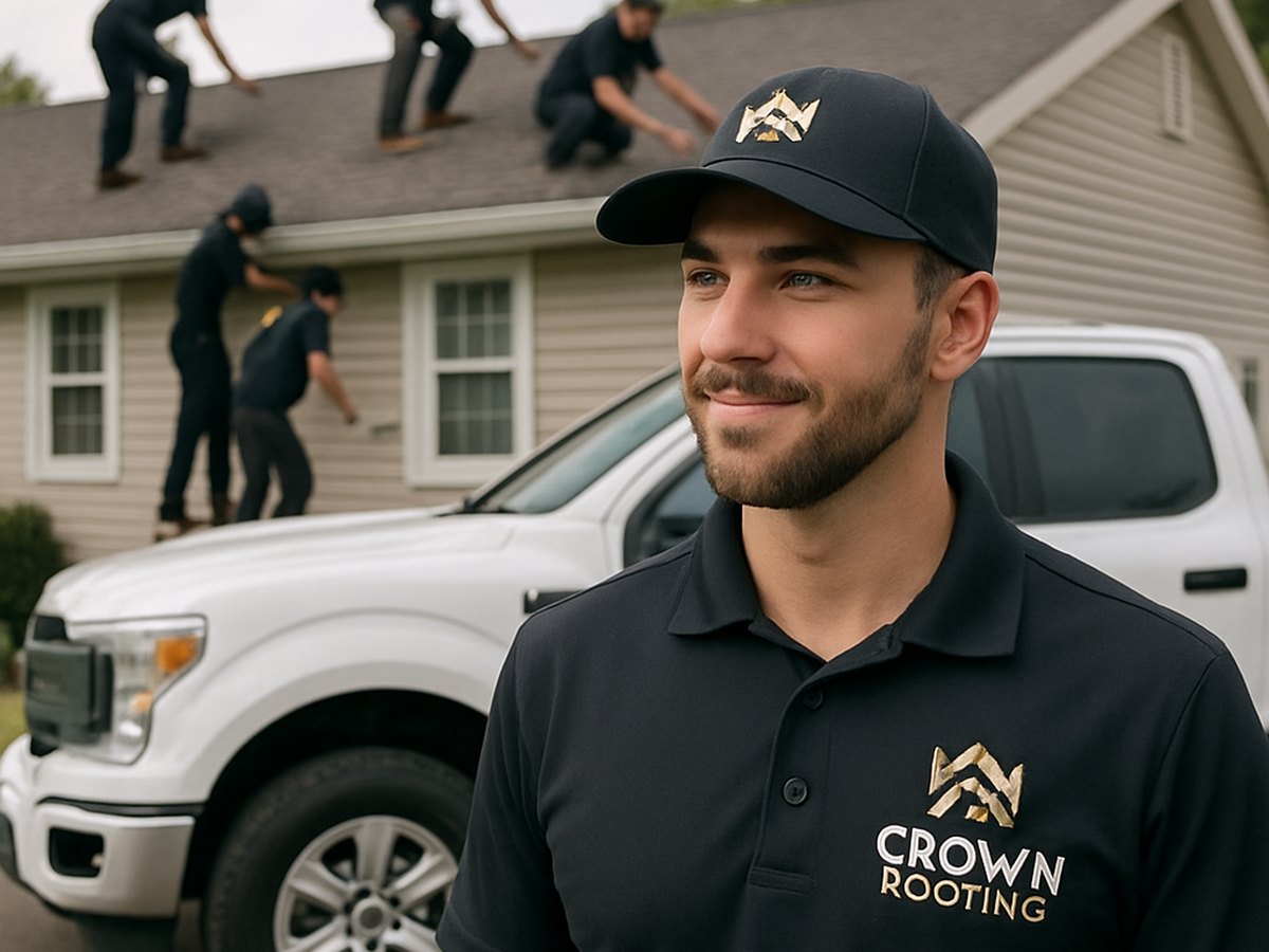 Crown Roofing & Exteriors crew on roof with branded uniforms and truck in Connecticut