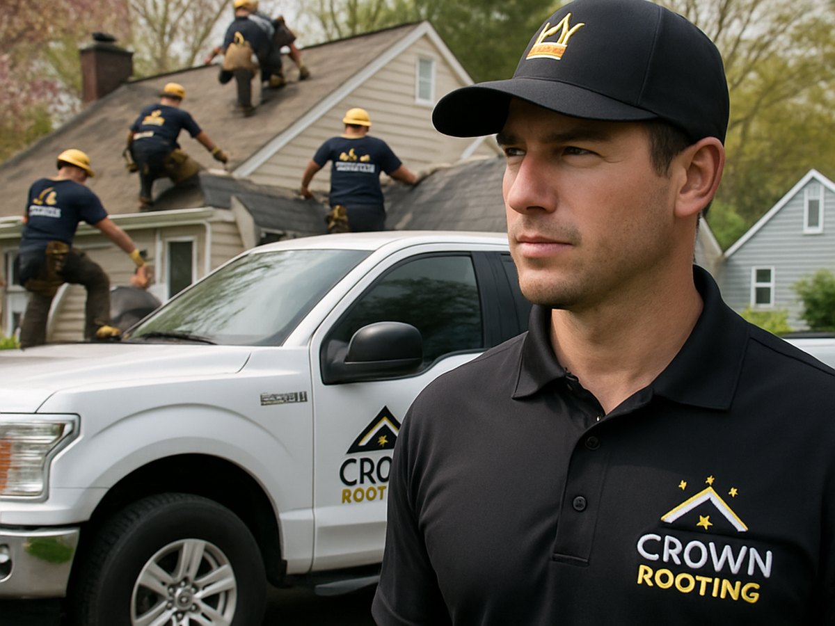 Crown Roofing & Exteriors crew repairing roof in branded uniforms and truck in Connecticut