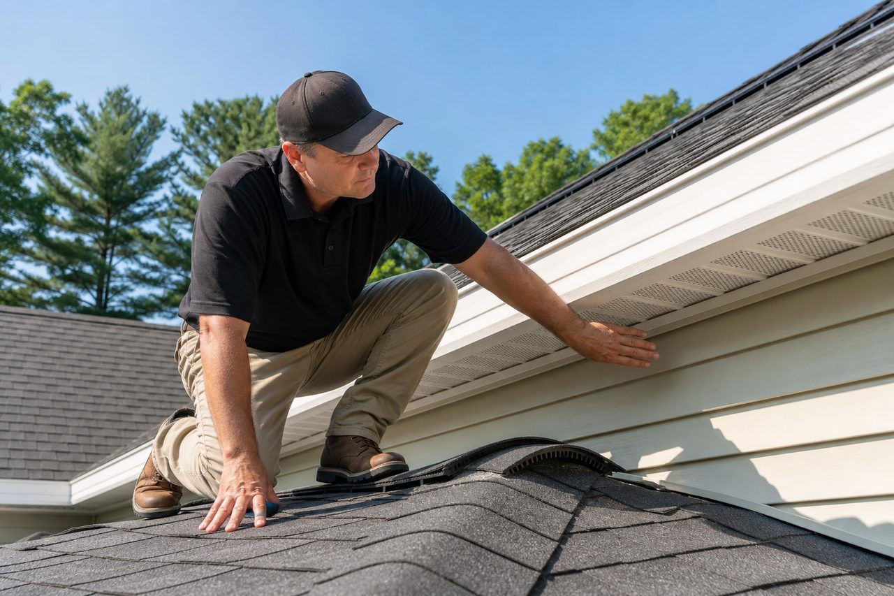 Crown Roofing & Exteriors technician inspecting attic ventilation and ridge vent on a Connecticut home in summer