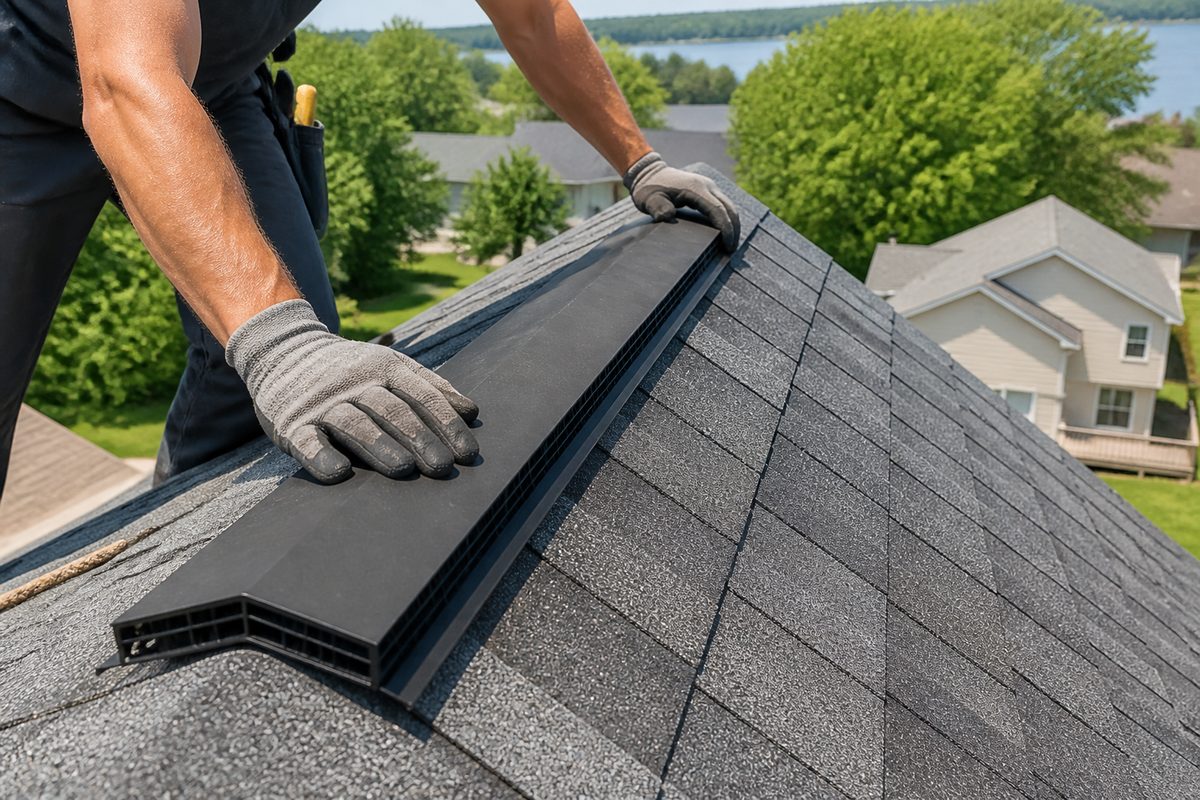 Crown Roofing & Exteriors crew installing a continuous ridge vent for attic exhaust on a Connecticut roof
