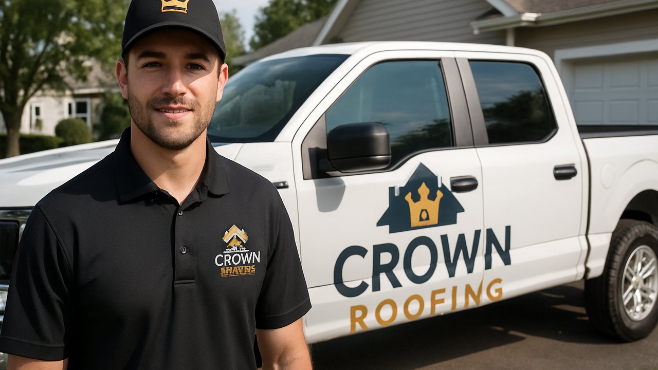 Crown Roofing & Exteriors technician in uniform and branded truck in Connecticut neighborhood