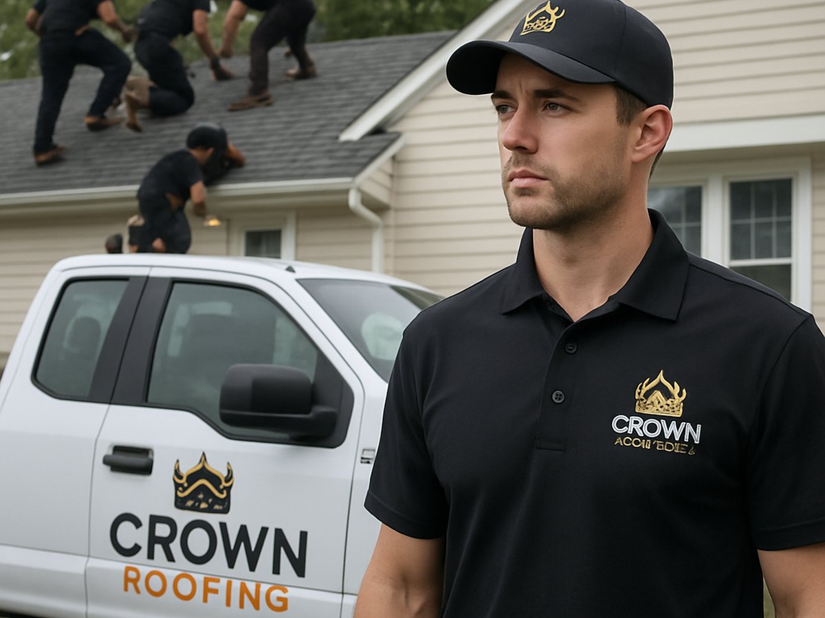 Crown Roofing & Exteriors crew working on residential roof with logo uniforms and truck visible