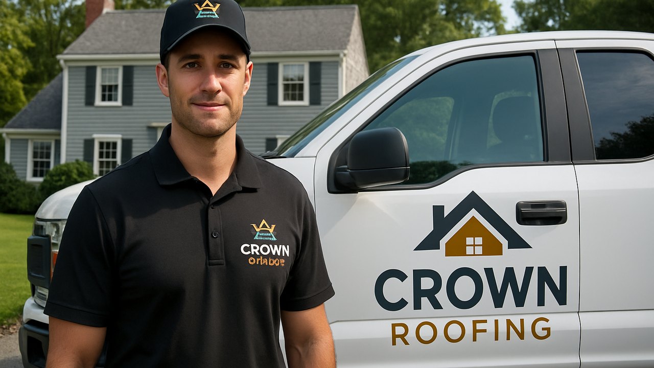 Crown Roofing & Exteriors technician with branded uniform and truck at Connecticut home