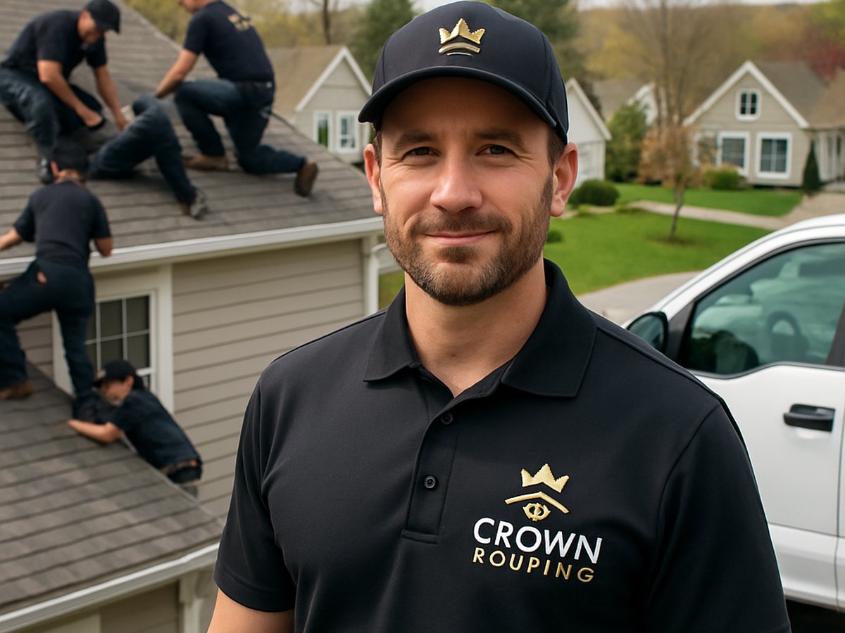 Crown Roofing & Exteriors crew repairing roof with branded uniforms and decal truck