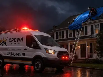 Crown Roofing & Exteriors crew performing emergency roof repair in Connecticut