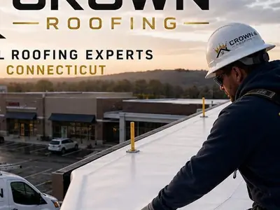 Crown Roofing & Exteriors crew performing flat roof repair in Connecticut