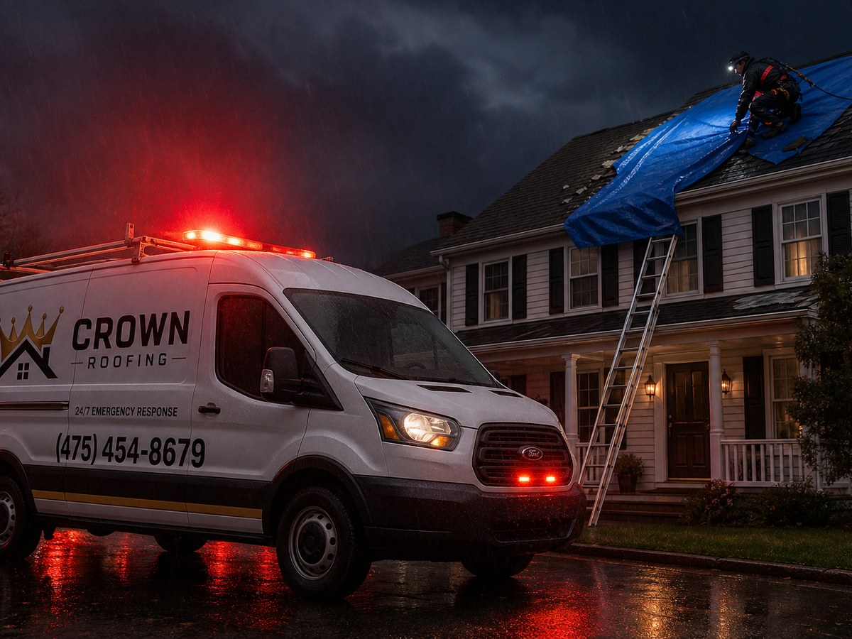 Crown Roofing crew performing emergency roof repair in Connecticut