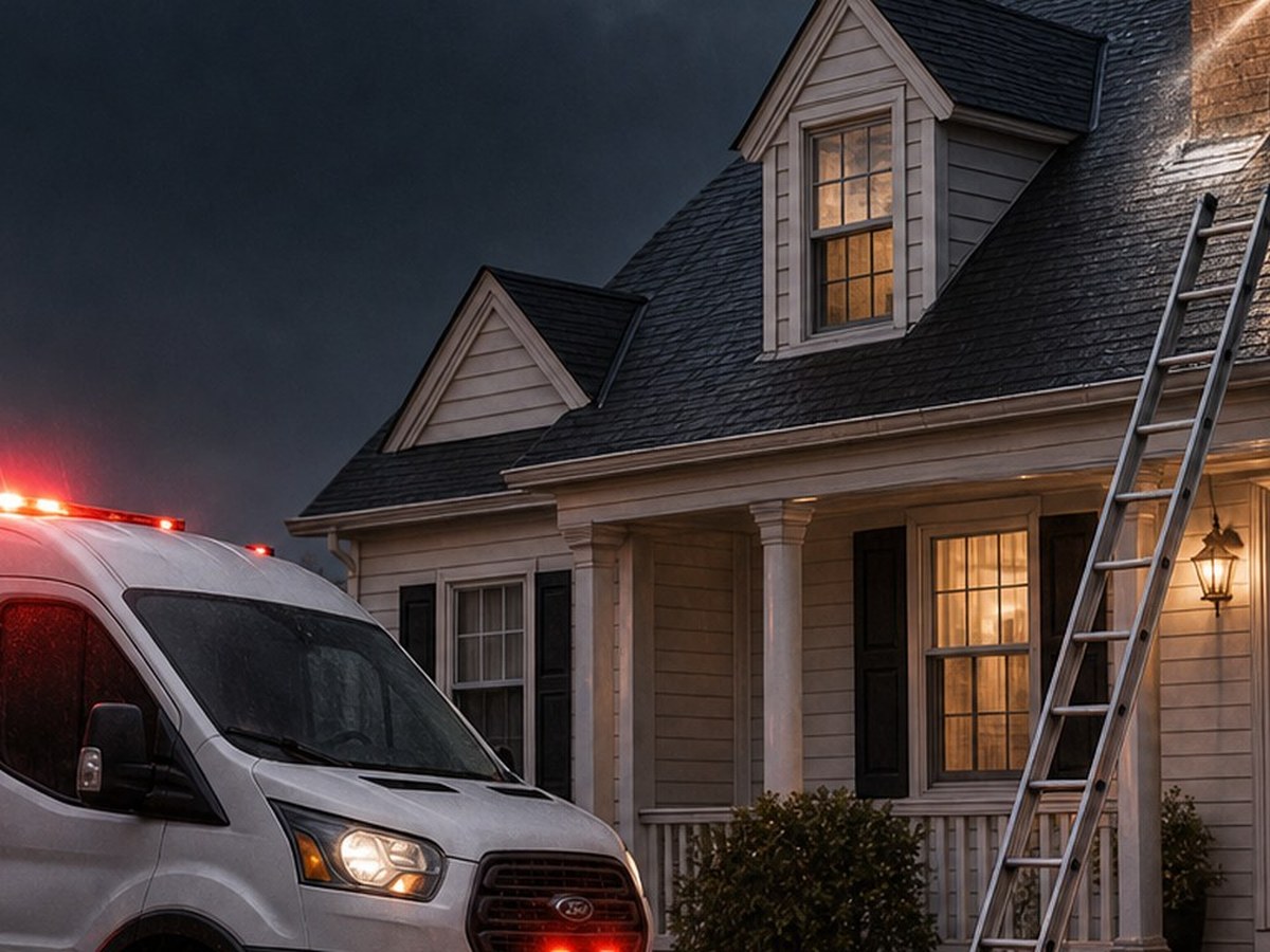 Crown Roofing crew performing roof leak repair in Connecticut