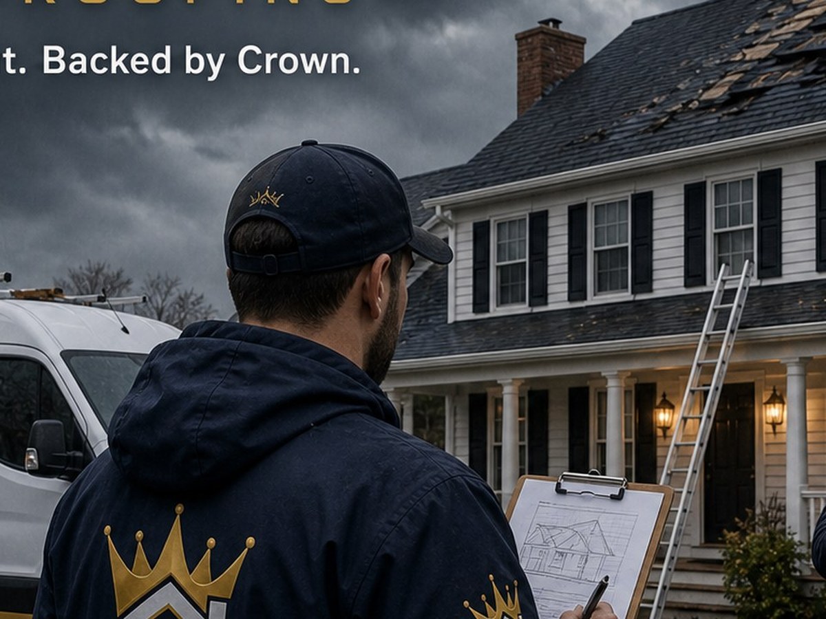 Crown Roofing crew performing storm damage repair in Connecticut