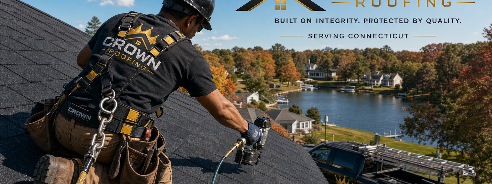 Crown Roofing & Exteriors crew using fall protection on Connecticut roof