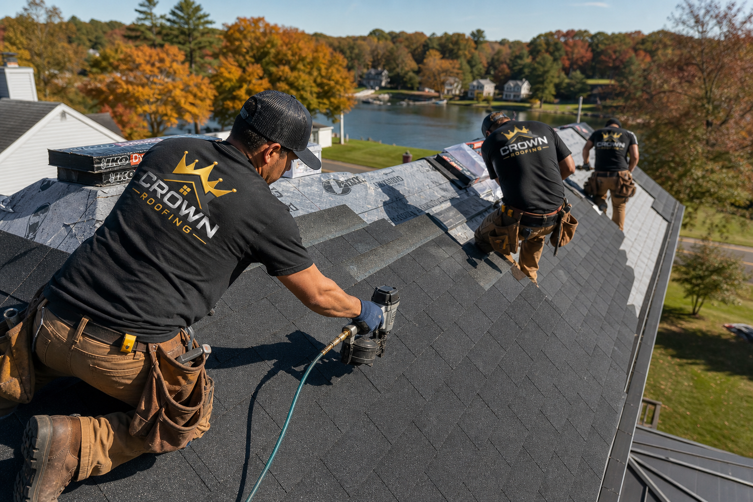 Roofing crew installing shingles in Connecticut
